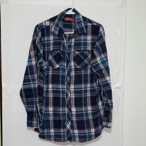 A BTC Women's Top Button Front Flannel Feel Blue/Pink Plaid Cottage Core Size L